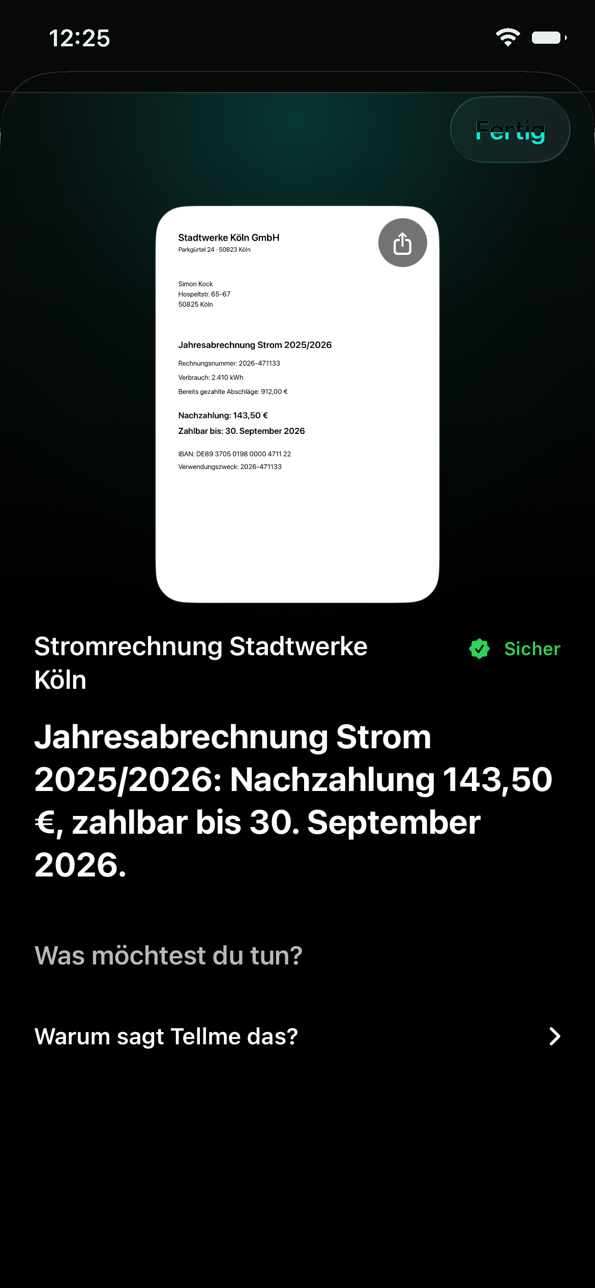Tellme-Ergebnis mit erkannter Rechnung, Kernaussage und Aktionsliste